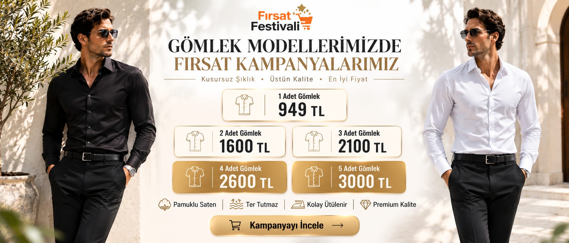 Gömlek modellerinde fırsat kampanyası: 1 gömlek 949 TL, 2 gömlek 1600 TL, 3 gömlek 2100 TL, 4 gömlek 2600 TL, 5 gömlek 3000 TL.