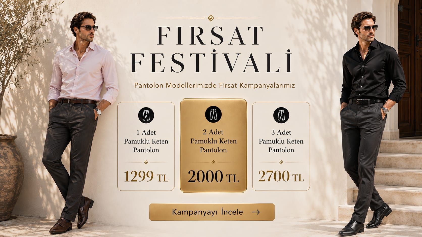 Pantolon modellerinde fırsat kampanyası: 1 pamuklu keten pantolon 1299 TL, 2 adet 2000 TL, 3 adet 2700 TL.