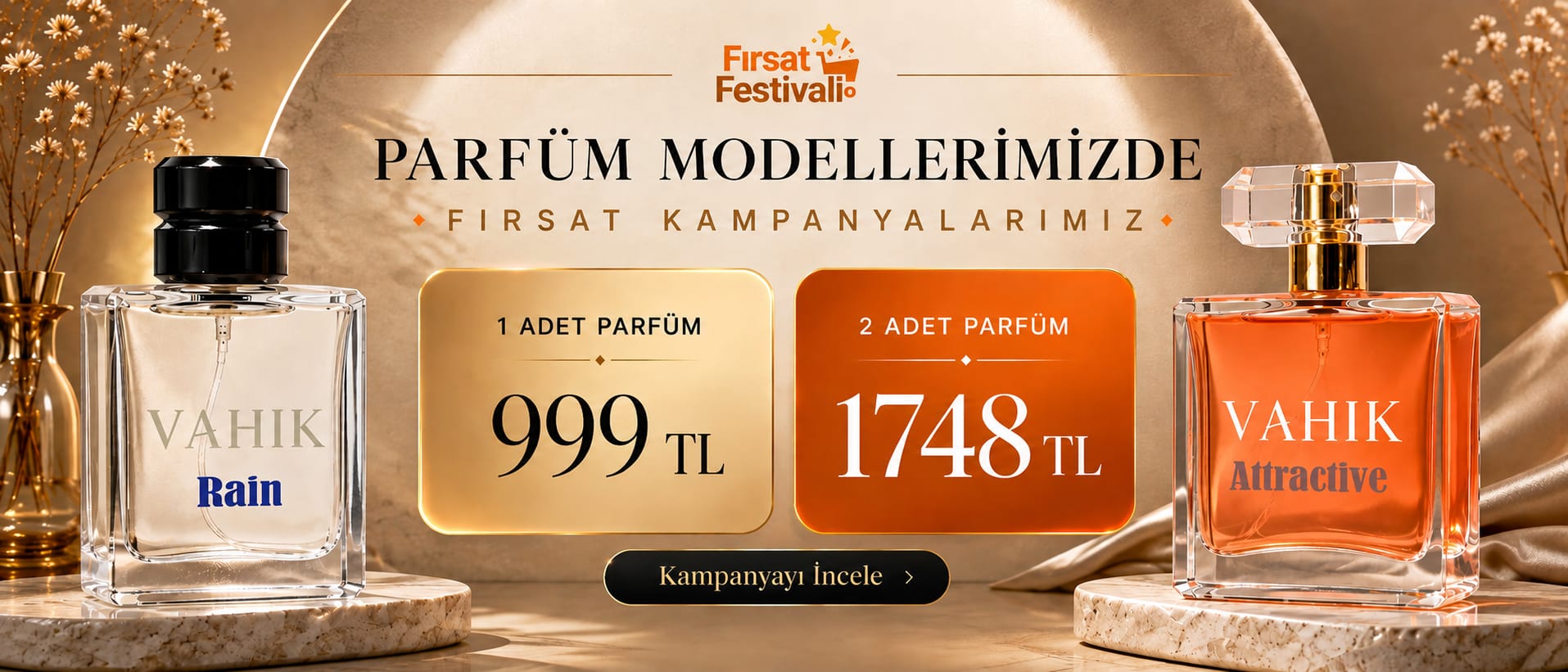 Parfüm modellerinde fırsat kampanyası: 1 adet parfüm 999 TL, 2 adet parfüm 1748 TL.